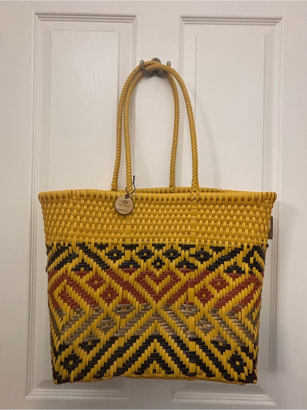 Maria Victoria Woven Yellow Geometric Tote Bag